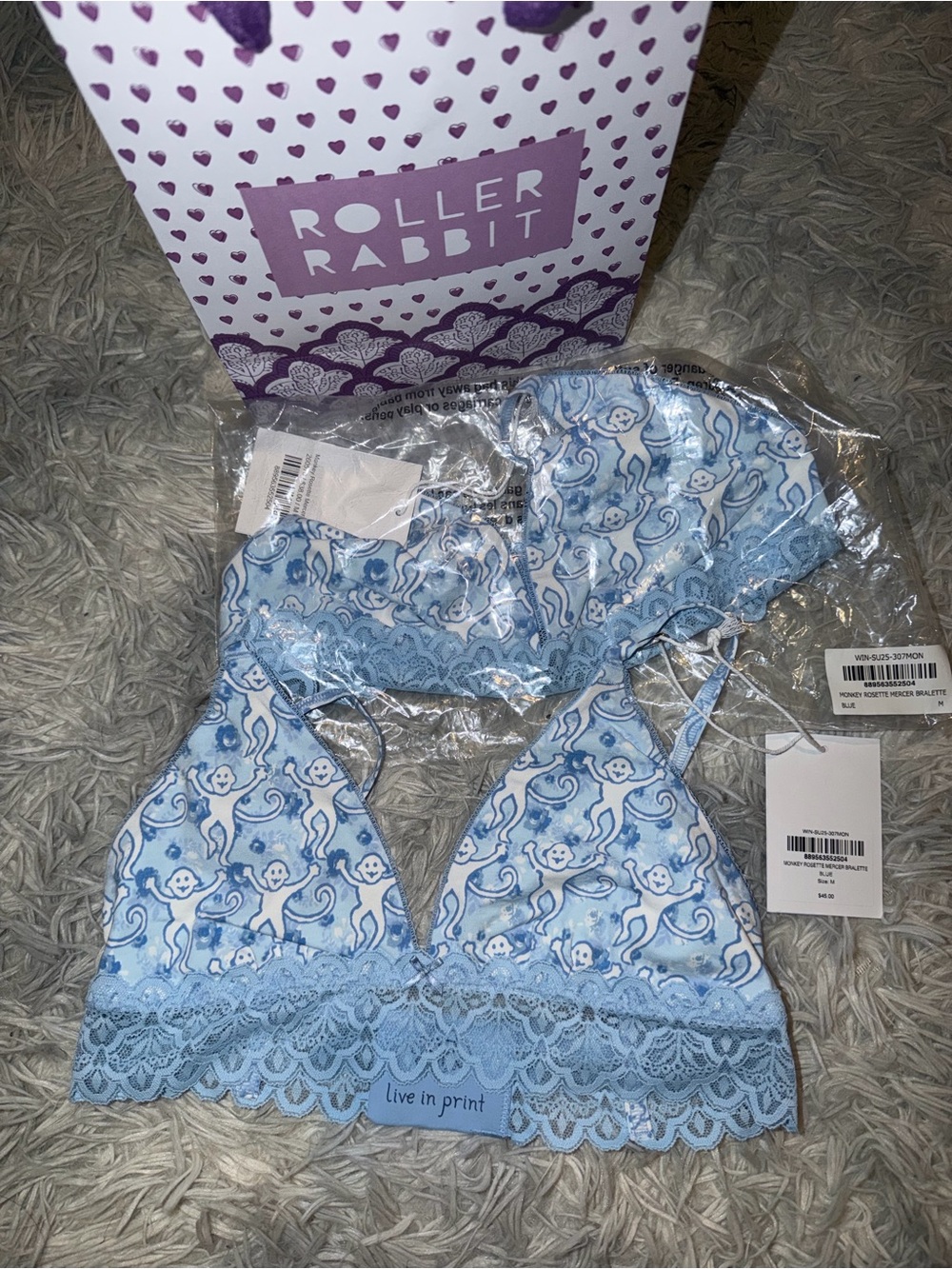Roller Rabbit Light Blue Monkey Print Lace Bralette x2 medium